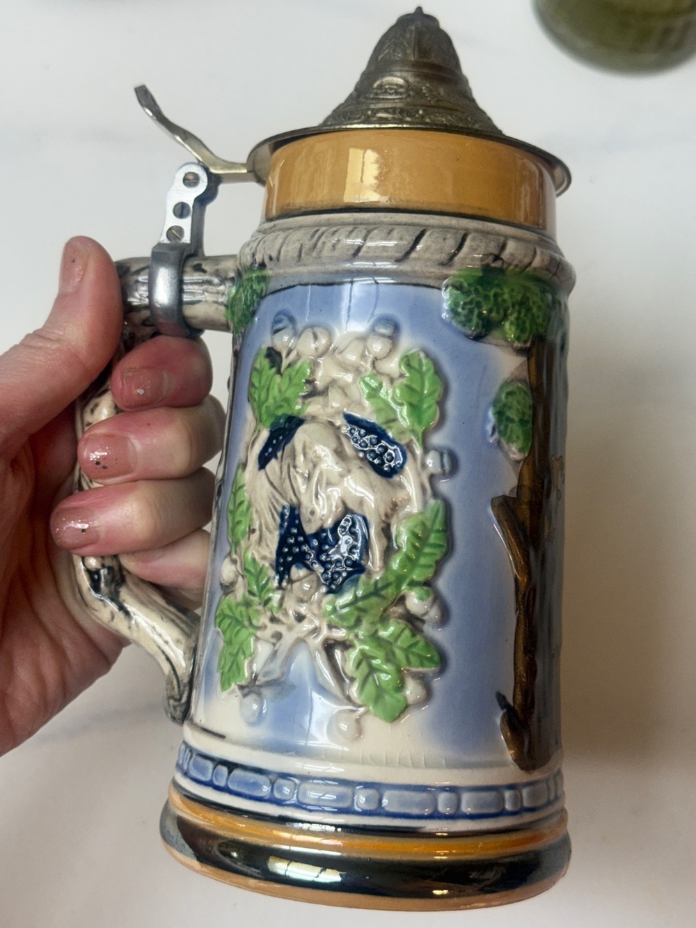 RARE animals and young lovers on bicycle Hand-Painted Ceramic Beer Stein mug
